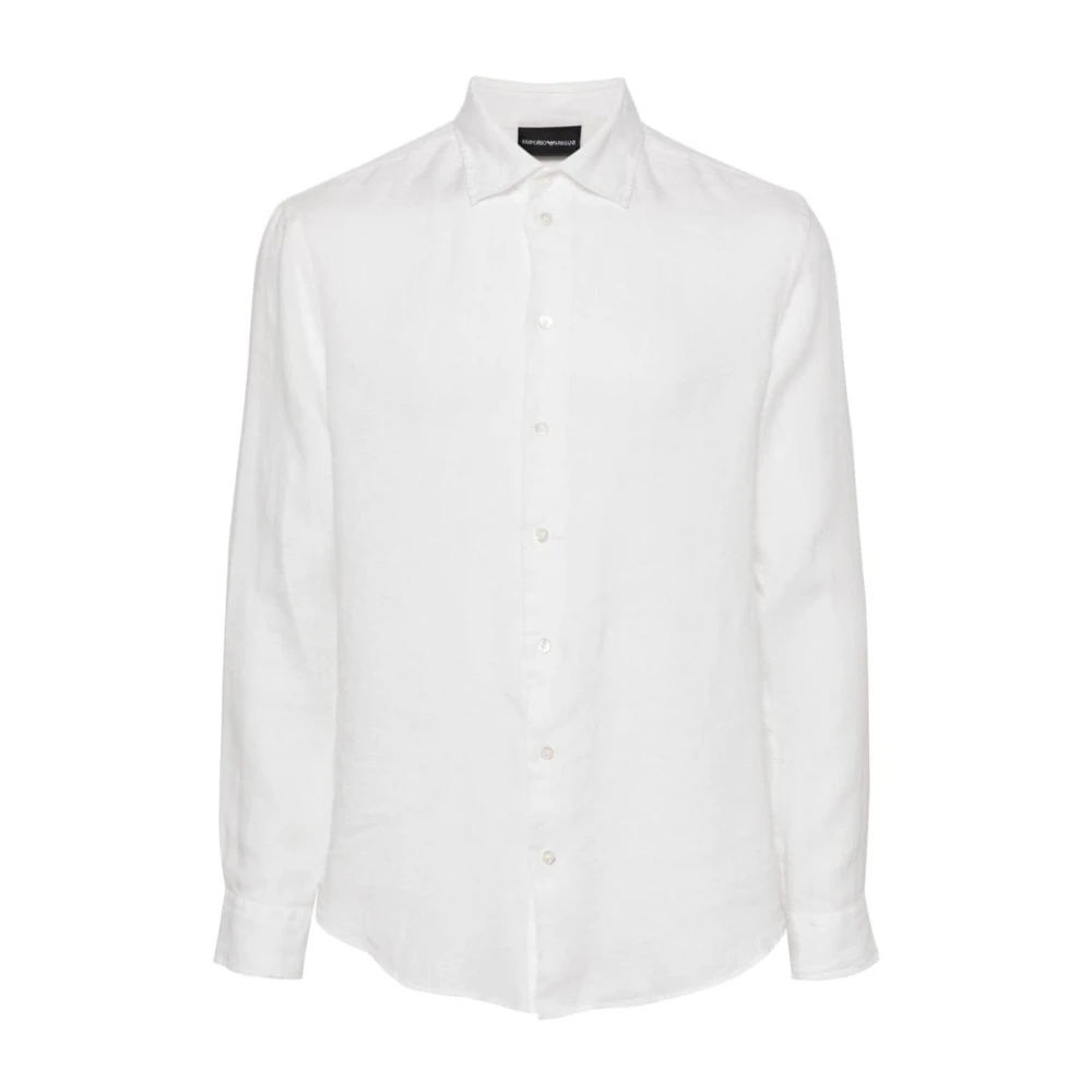 Emporio Armani Mannelijk Wit Overhemden Heren, S, Linnen, Te Linnen Logo Overhemd Klassieke Kraag