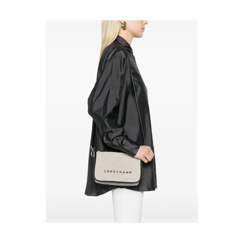 Longchamp Canvas Leren Schoudertas met Logo Print White Dames
