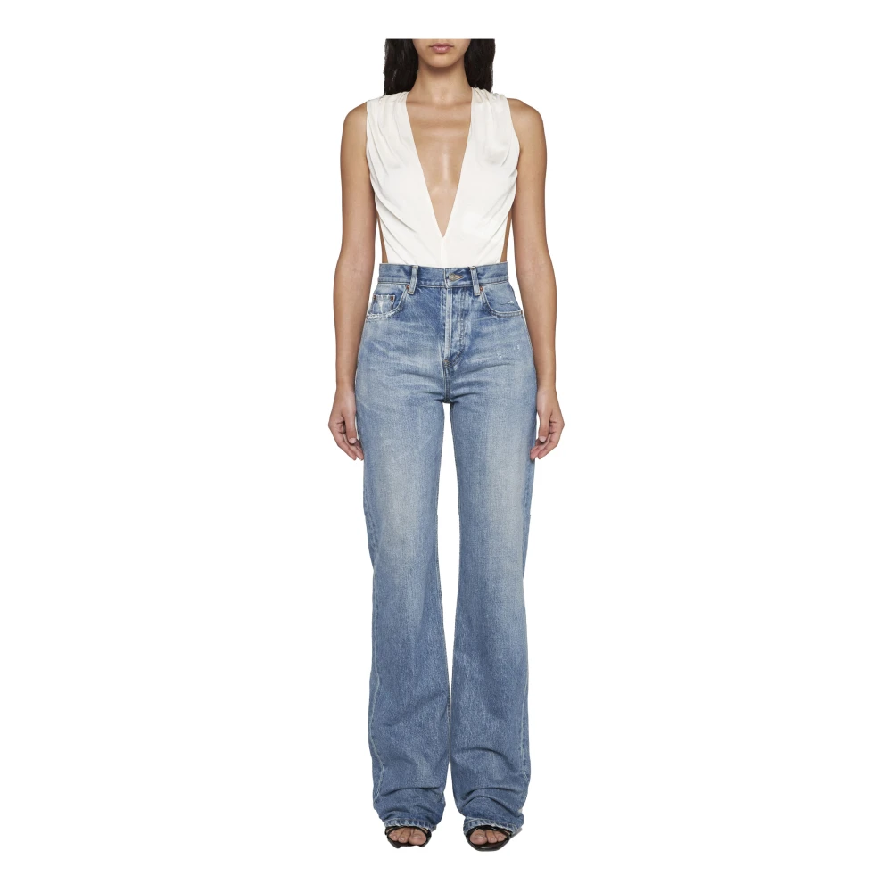 Saint Laurent Crème Halternek Bodysuit met Diepe V-hals Beige Dames