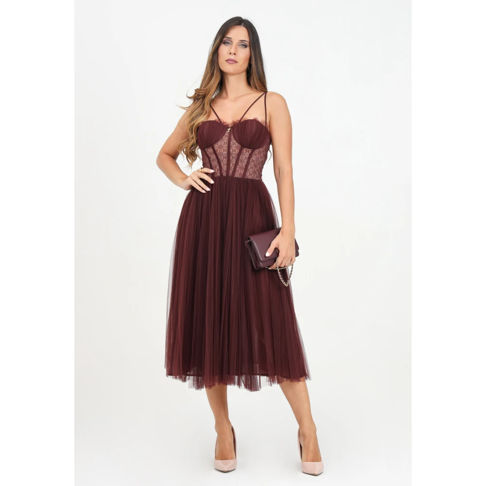 Elisabetta Franchi Bordeaux Tule Midi Jurk met Geplooide Rok Red Dames