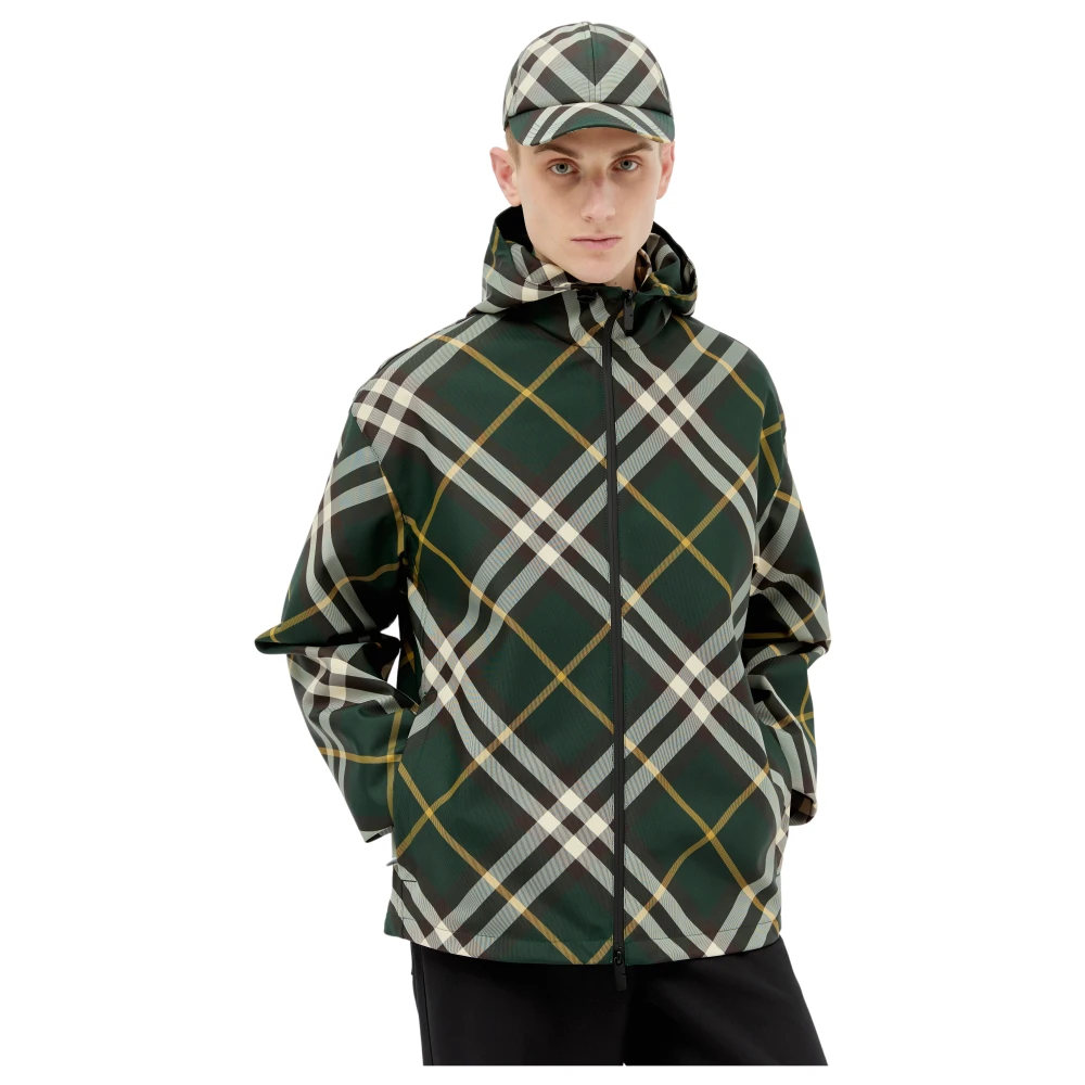 Burberry Men's Green Light Jackets, L, Hooded Check Jacket