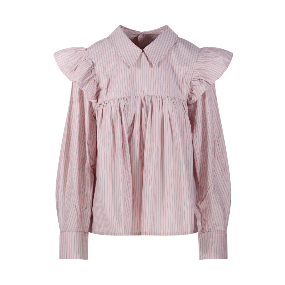 Ganni Women's Pink Blouses, 3XS, Oxford Stripe Frill Blouse