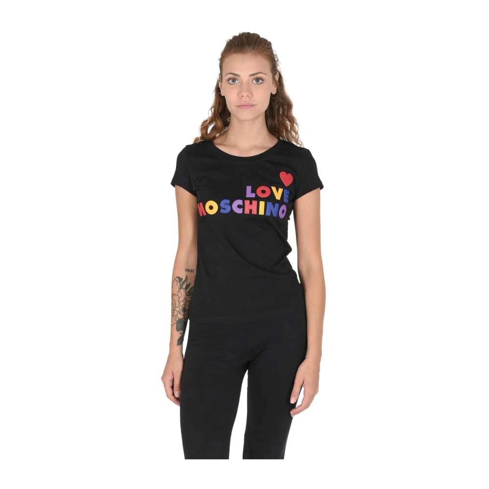 Love Moschino Women's Black Rainbow Logo Tee Crew Neck