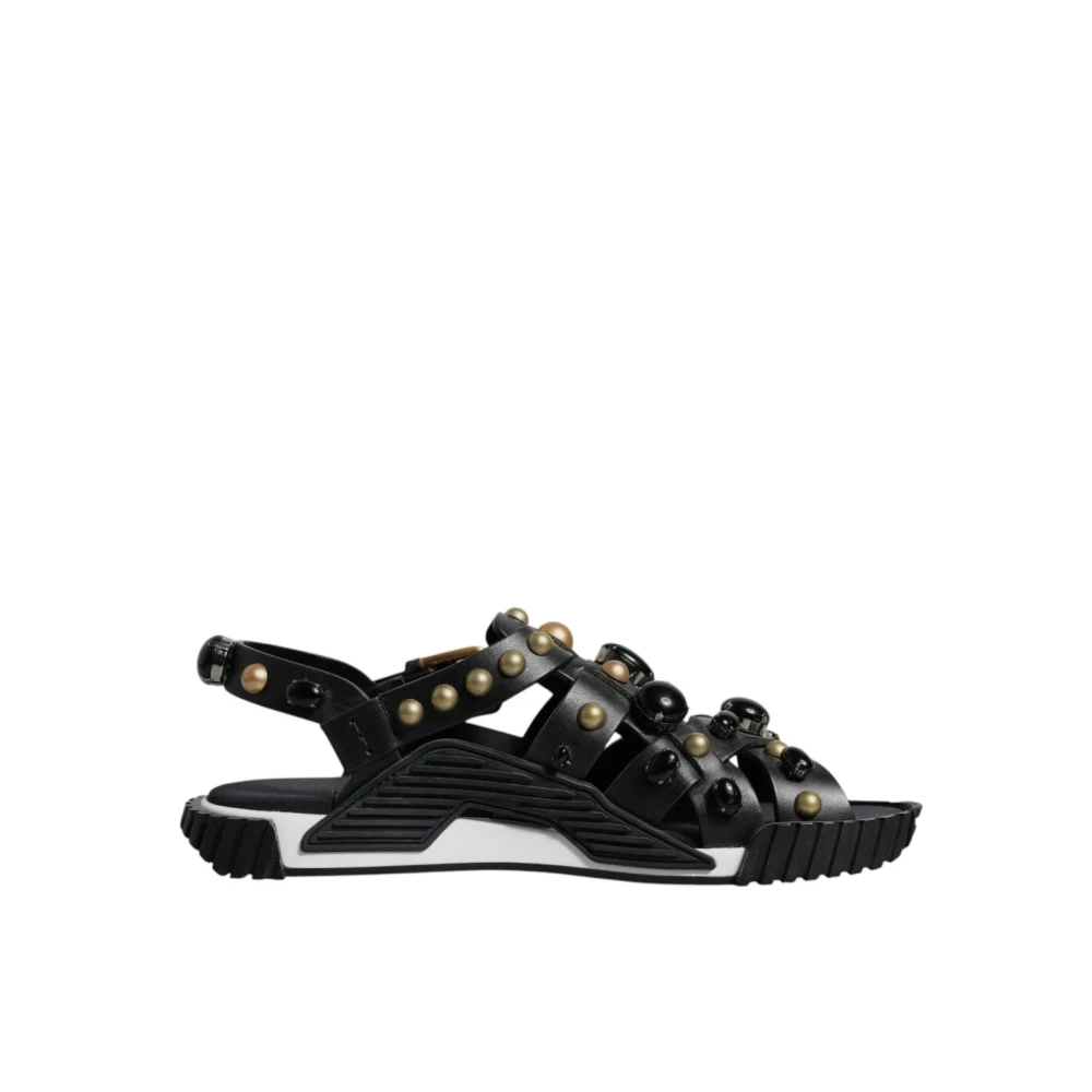 Dolce & Gabbana Men's Black Flat Sandals, 8 Uk, Studded Leather Slide Sandals With Logo