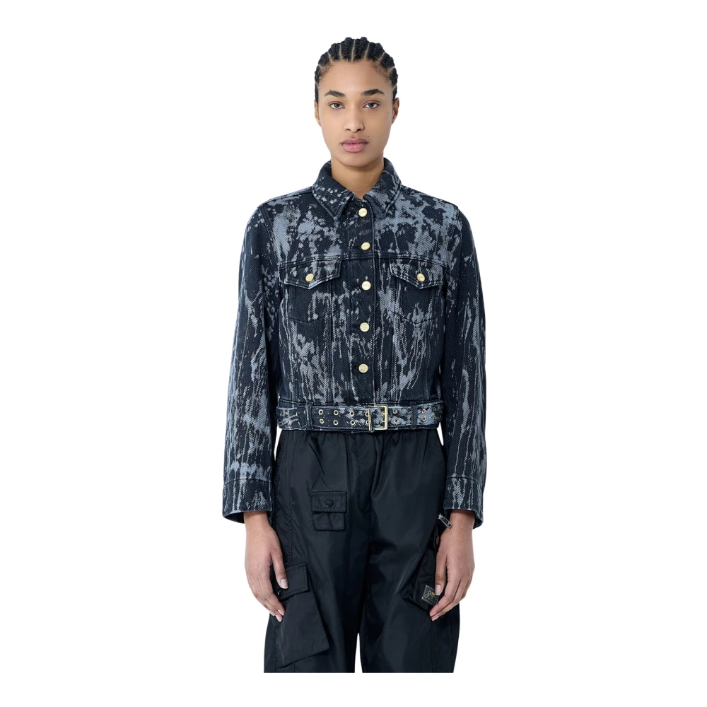 Ganni Women's Blue Denim Jackets, S, Printed Denim Belted Jacket