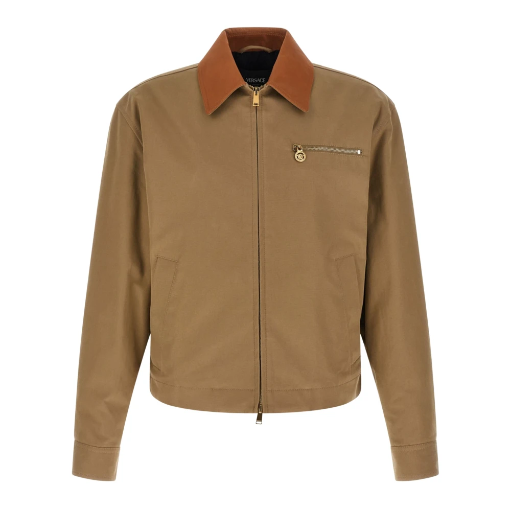 Versace , Light Jackets, Male, Beige, Xl, Cotton Jacket With Contrast Collar