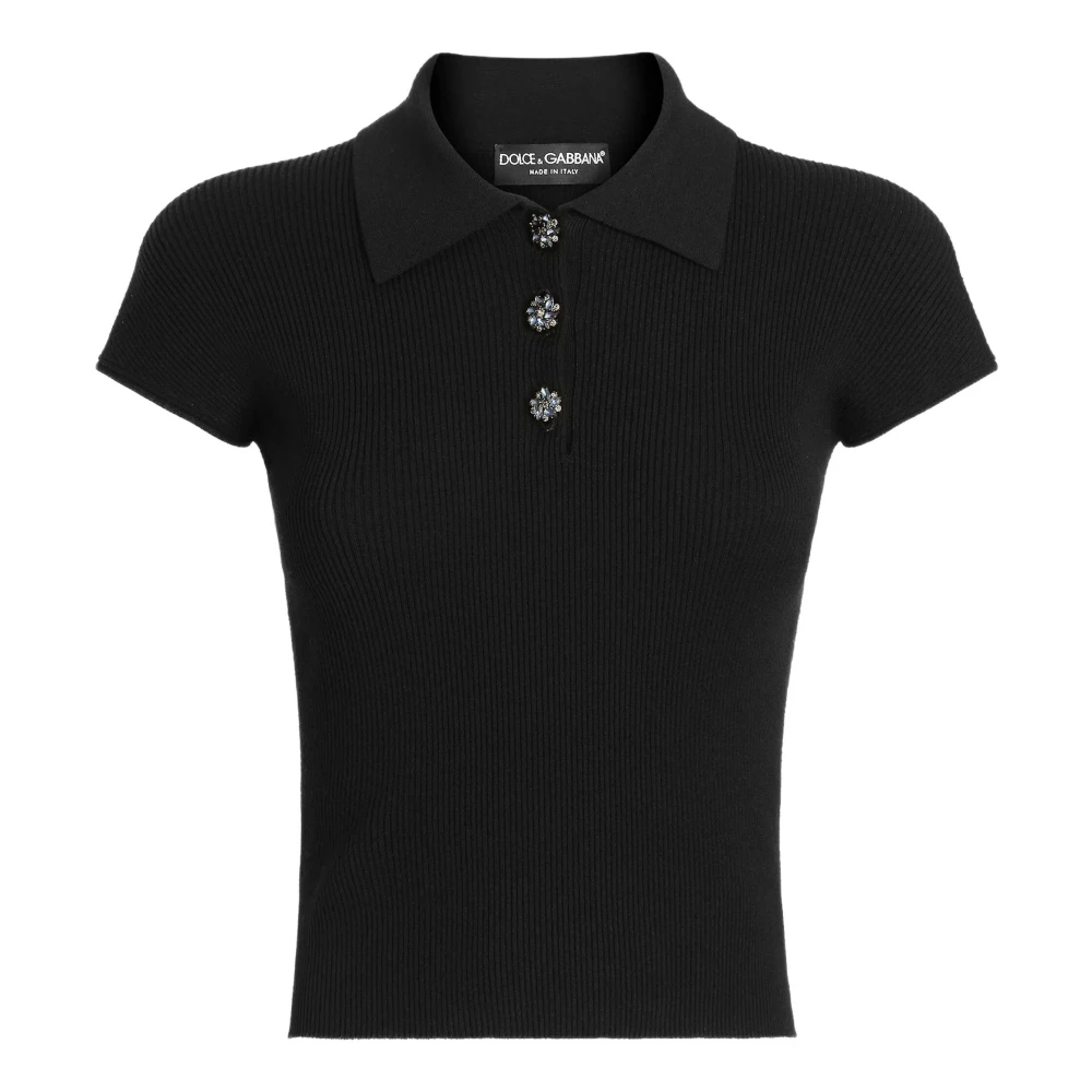 Dolce & Gabbana , Polo Shirts, Female, Black, S, Ribbed Viscose Polo Shirt