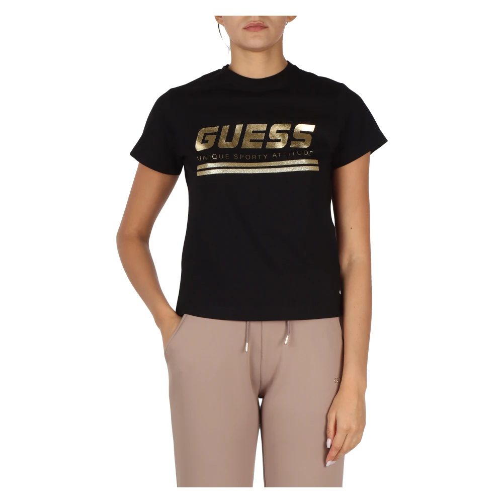Guess Reflecterend Logo Katoenen T-shirt Black Dames