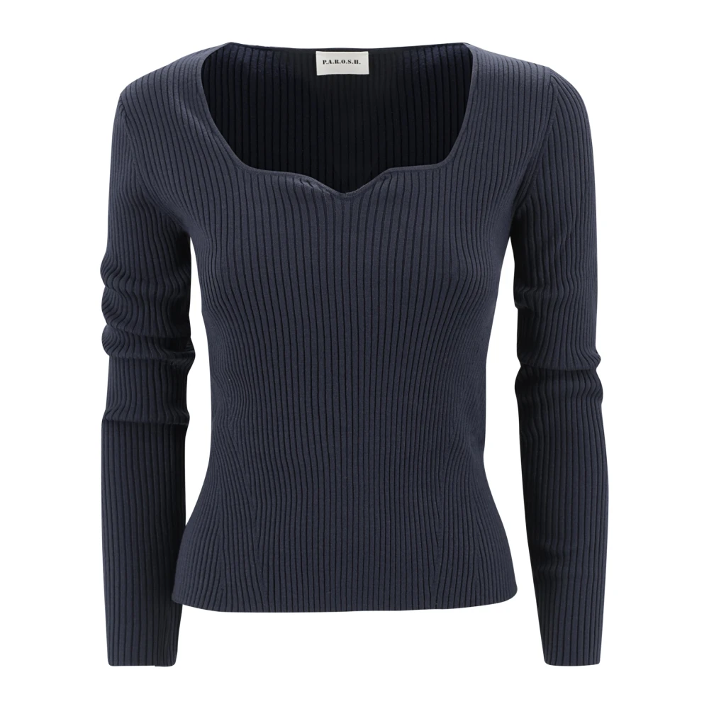P.a.r.o.s.h. Blauwe Ribgebreide Trui Vierkante Halslijn Blue Dames