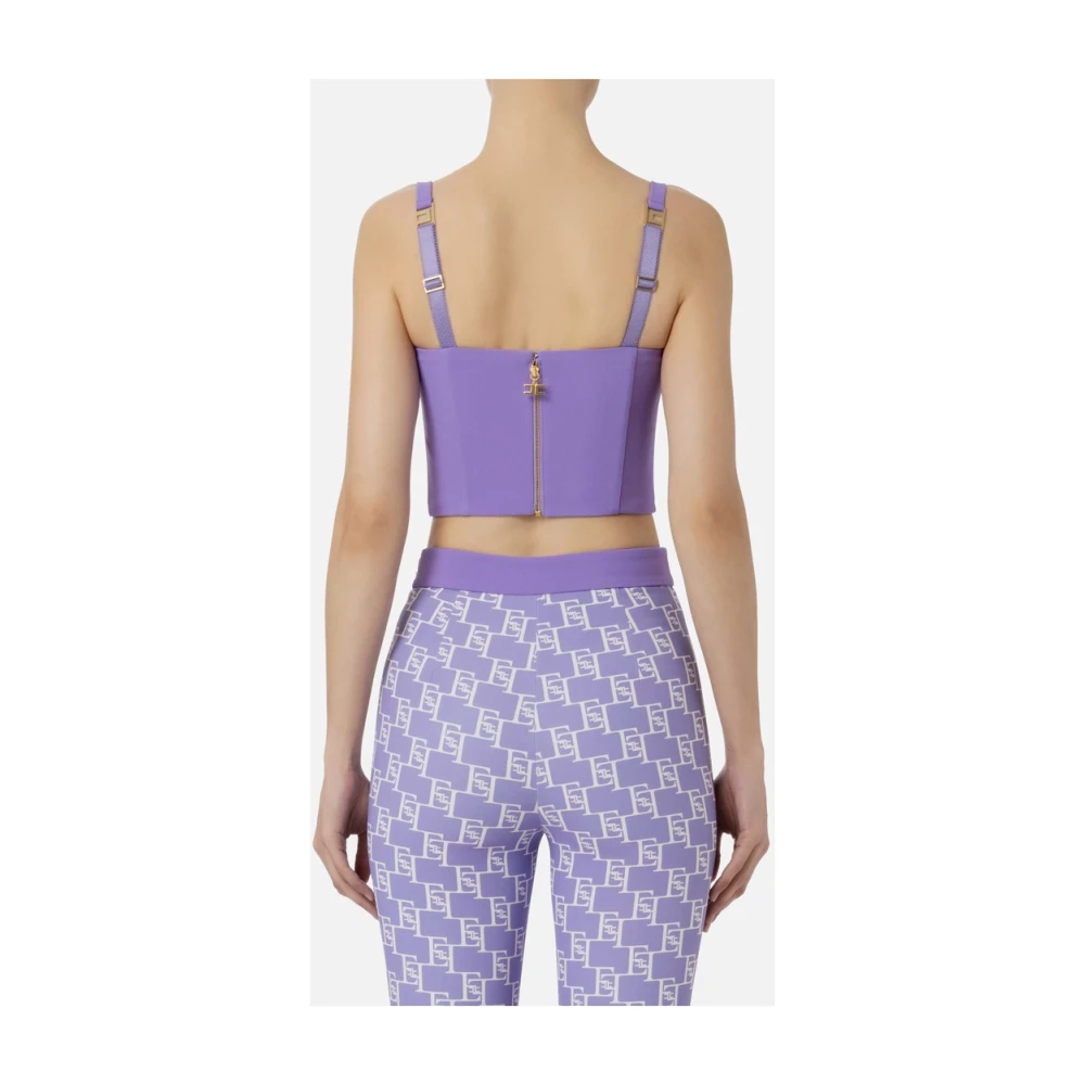 Elisabetta Franchi Stretch Crepe Bustier Top met Glanzend Logo Plaatje Purple Dames