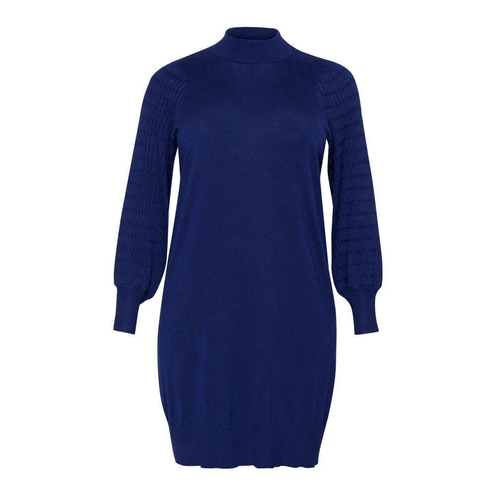 Kaffe Curve Blue Knit Dress With Puff Sleeves - Female - Knitted Dresses - L - Dresses