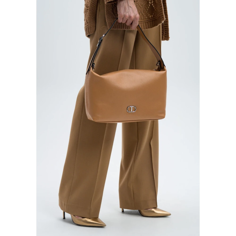 Twinset Bruine leren schoudertas met rits Brown Dames