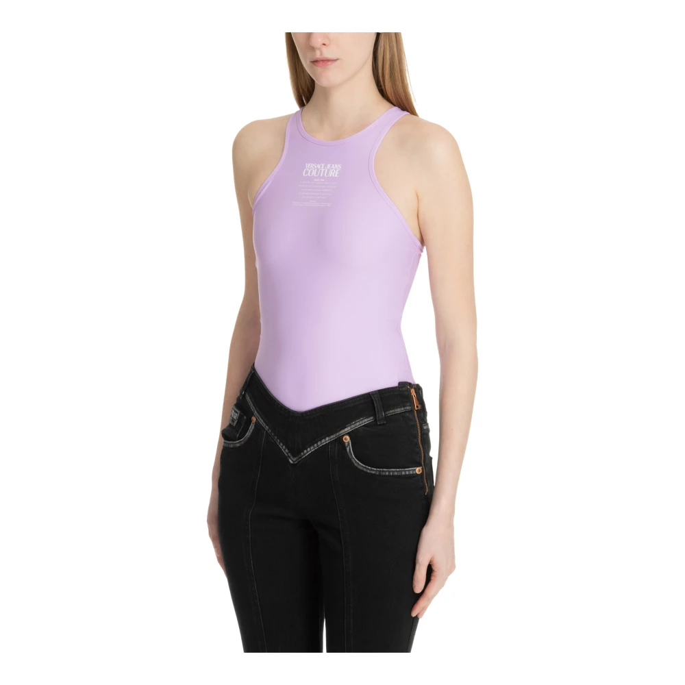 Versace Jeans Couture Gestreepte Logo Bodysuit met Haak-en-oogsluiting Purple Dames