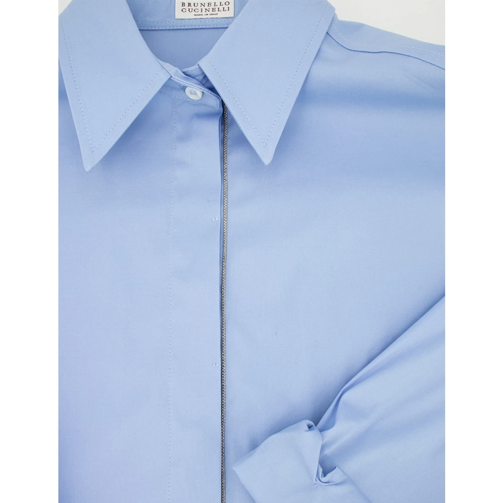 BRUNELLO CUCINELLI Stretch Katoen Poplin Juweel Shirt Blue Dames