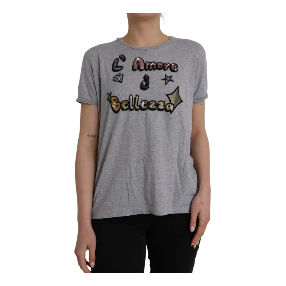 Dolce & Gabbana Women's Gray Sequined Cotton T-Shirt With Embellishments
