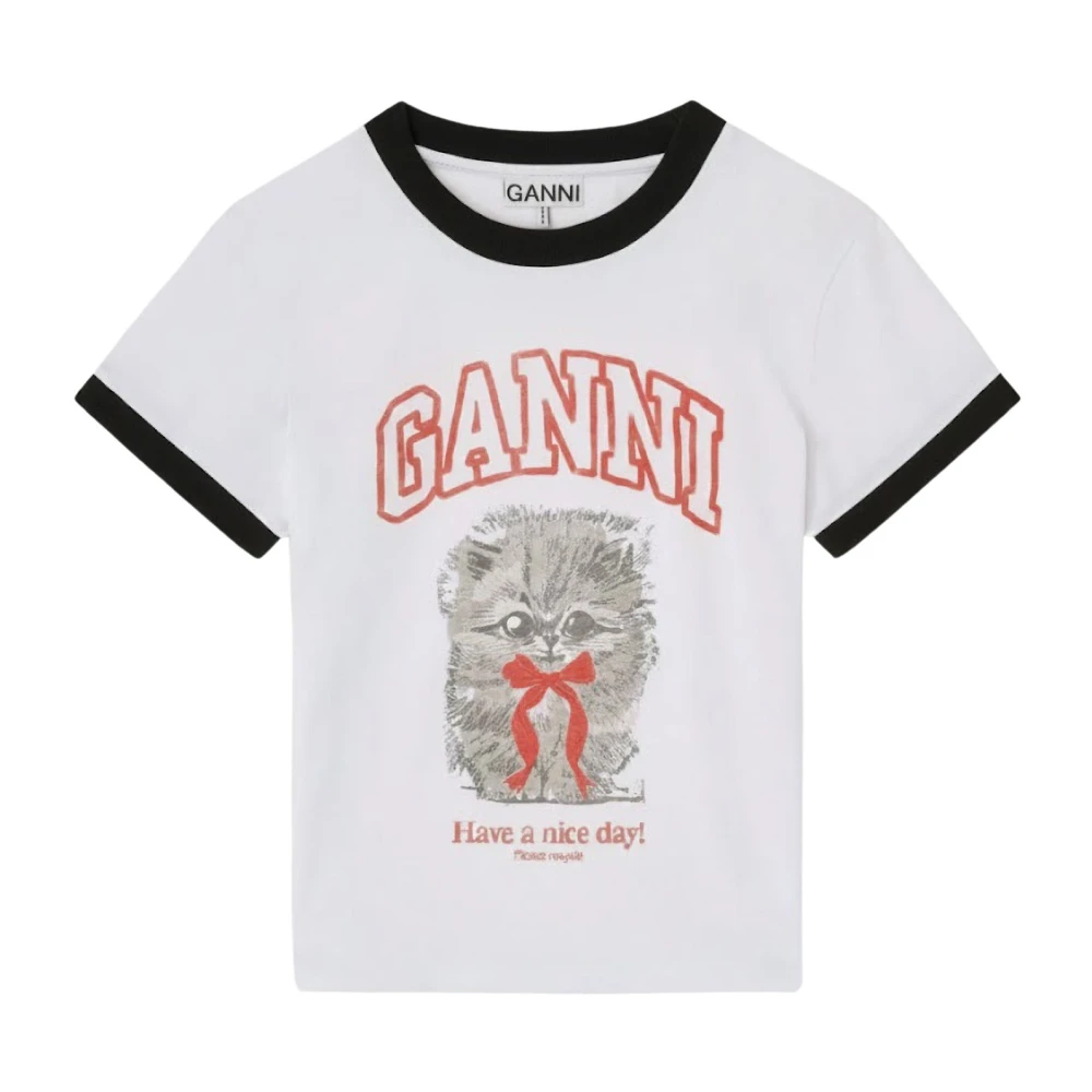 Ganni White T-Shirts, Female, Xs, Cropped Kitty T-Shirt