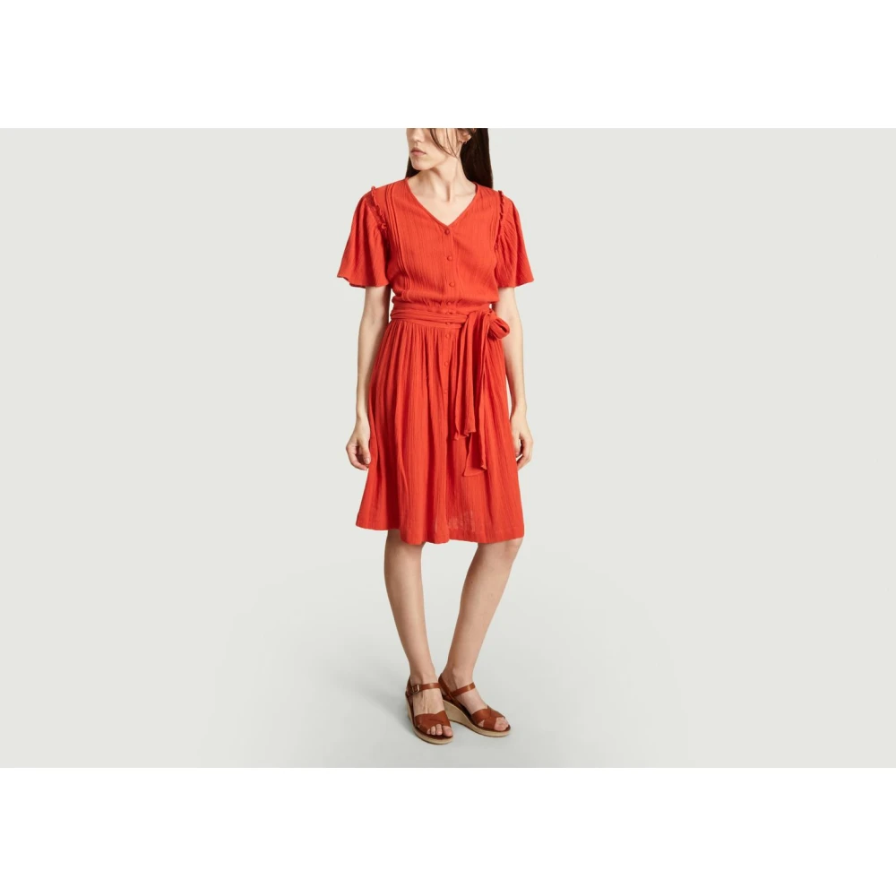 Sessun Koraalrode Jacquard Katoenen Jurk Red Dames