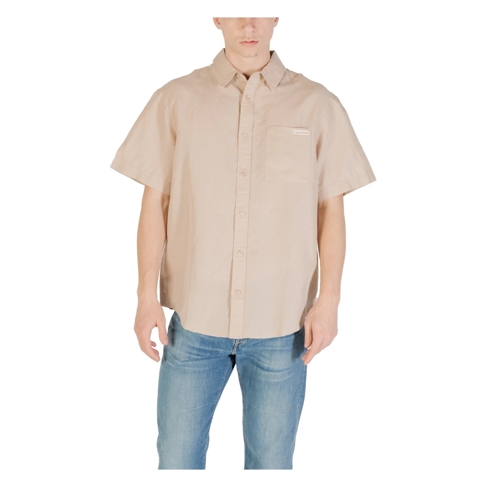 Calvin Klein Jeans Men's Beige Short Sleeve Shirts, L, Linen Cotton Short-Sleeve Shirt
