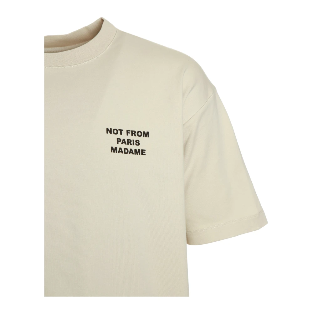 Drole de Monsieur Slogan T-shirt met geribbelde halslijn Beige Heren