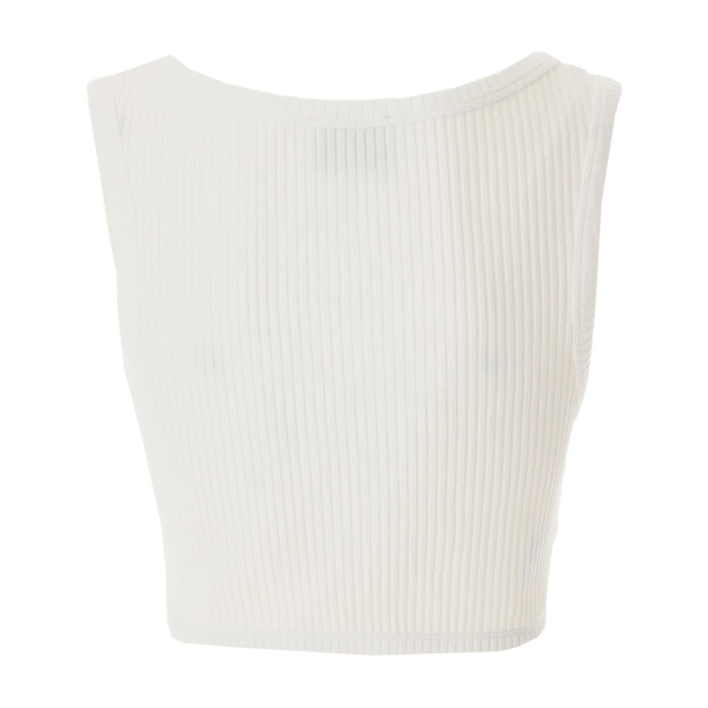 Moschino Geribbelde Crop Top met Logo Patch White Dames
