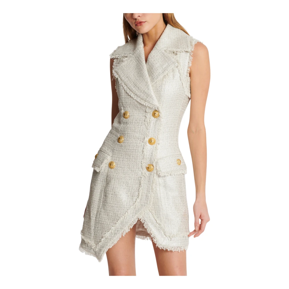 Balmain Asymmetrische tweed jurk met 6 knopen Gray Dames