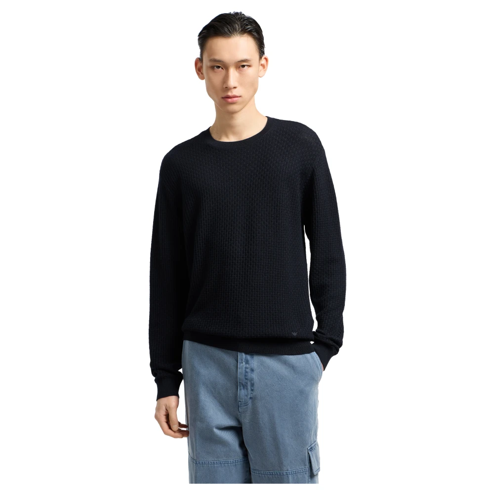 Emporio Armani Men's Blue Round-Neck Knitwear, 2XL, Virgin Wool Jumper With Embossed Jacquard Pattern