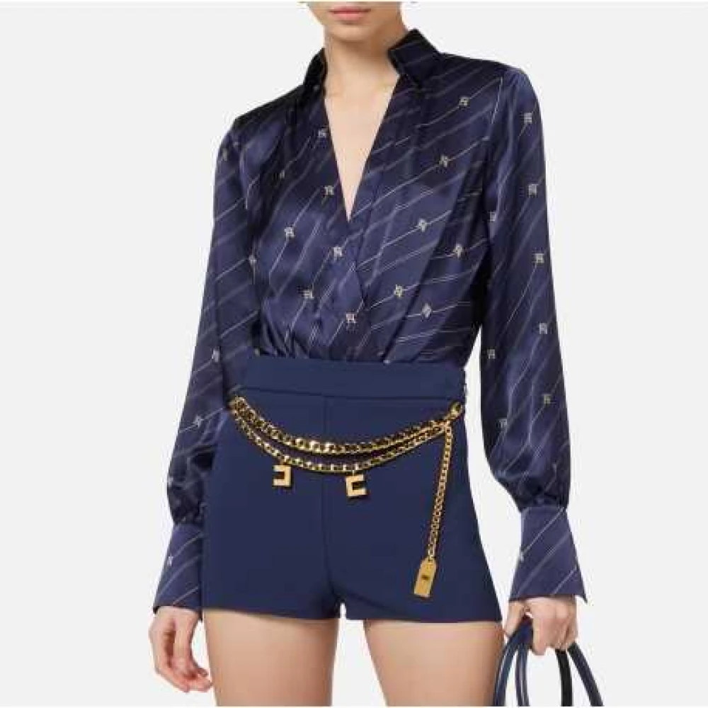 Elisabetta Franchi Navy Gestreepte Zijden Bodysuit Blouse Blue Dames