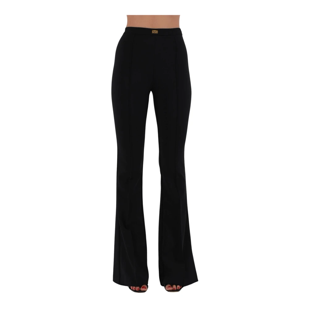 Elisabetta Franchi Wijde Crêpe Broek met Logo Plaque Black Dames