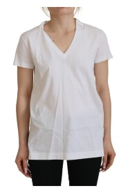 White Short Sleeve V-neck Cotton Top Blouse T-shirt