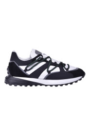 Low-top trainers in black suede and white fabric