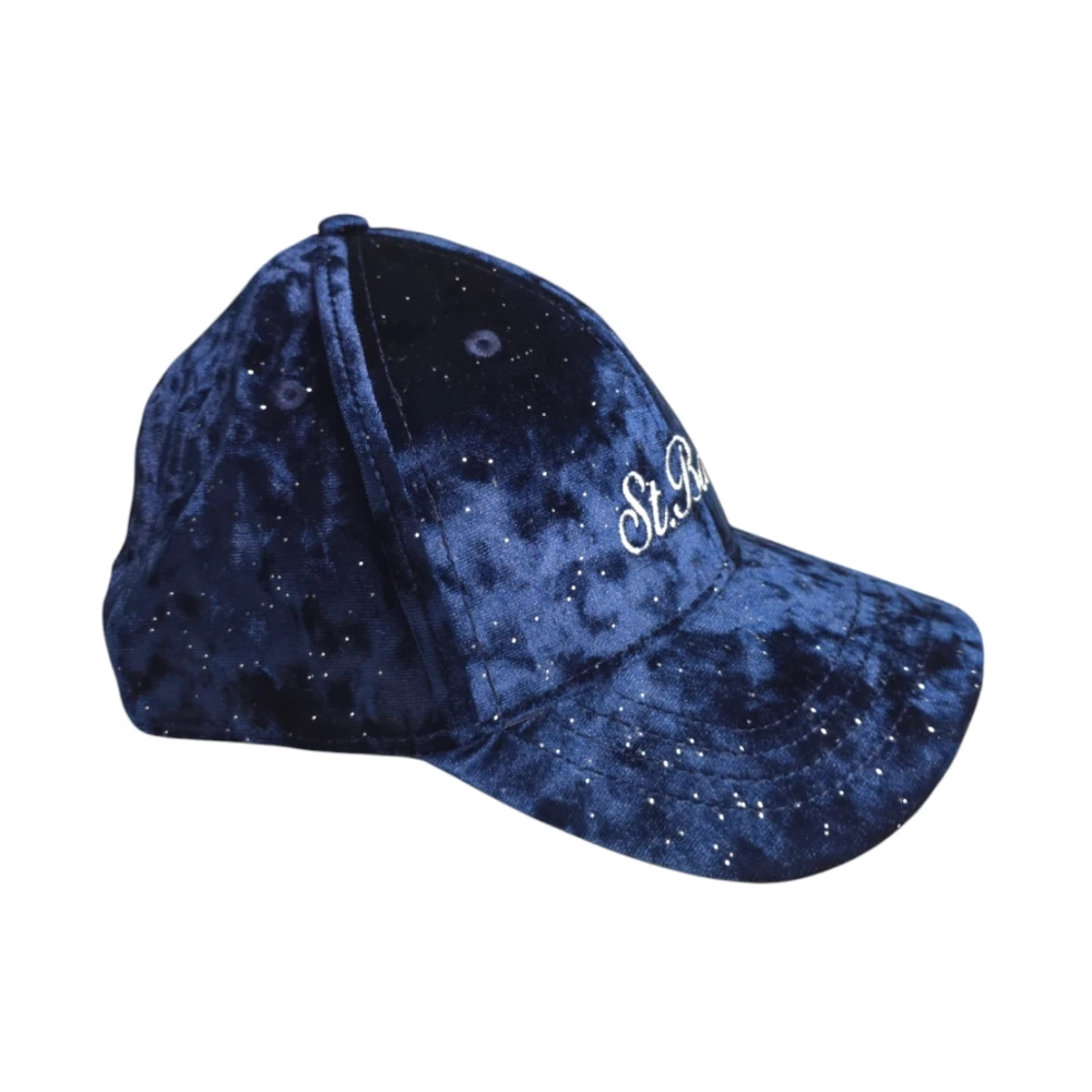 MC2 Saint Barth Blauwe Velvet Baseballpet met Strass Borduursel Blue Dames