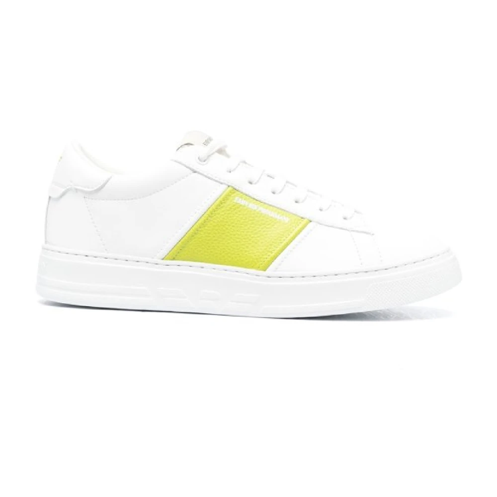 Hvite skinn sneakers med limegrønne kontrastinnlegg og logo-tekst - Størrelse 44