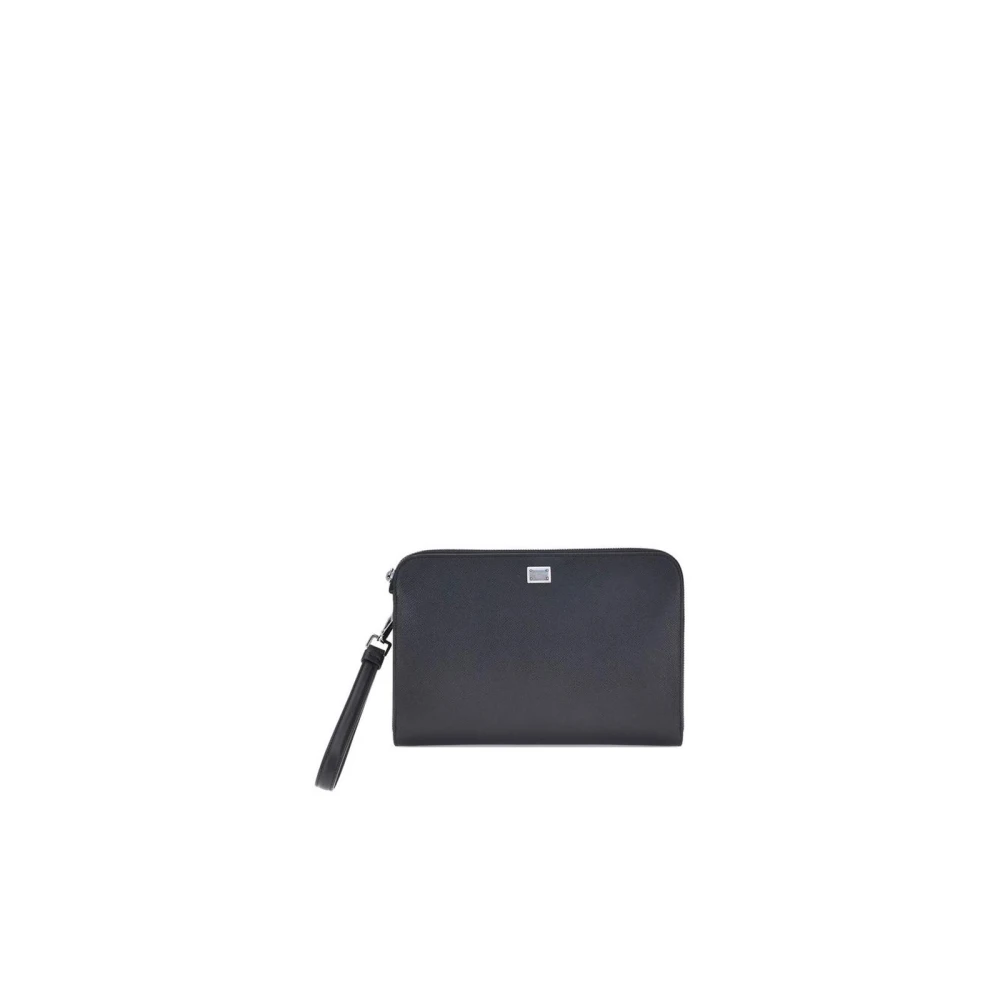 Dolce & Gabbana Men's Black Wallets & Cardholders, One Size, Logo Plaque Leather Pouch Zippered Closure