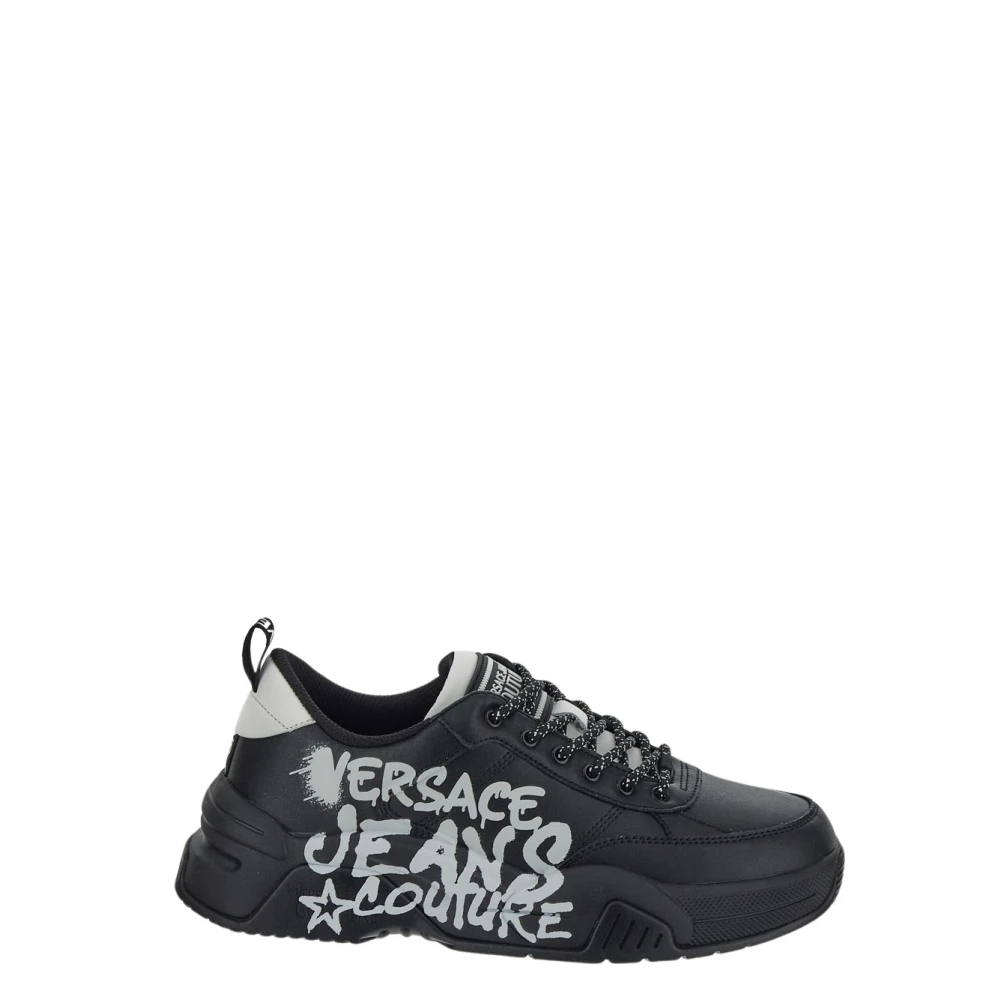 Versace Jeans Couture Zwarte Leren Lage Sneakers met Logo Print Black Heren