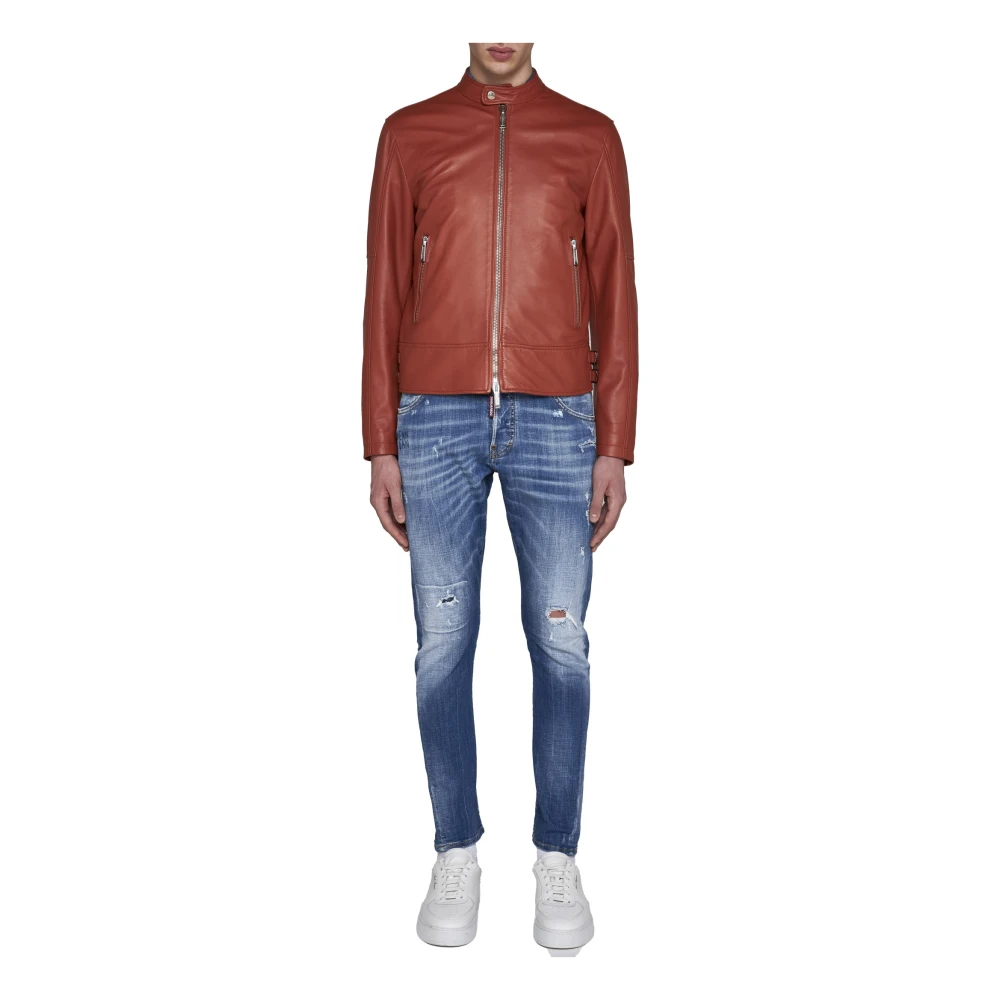 Dsquared2 Rode Katoenen Leren Jas met Rits Brown Heren