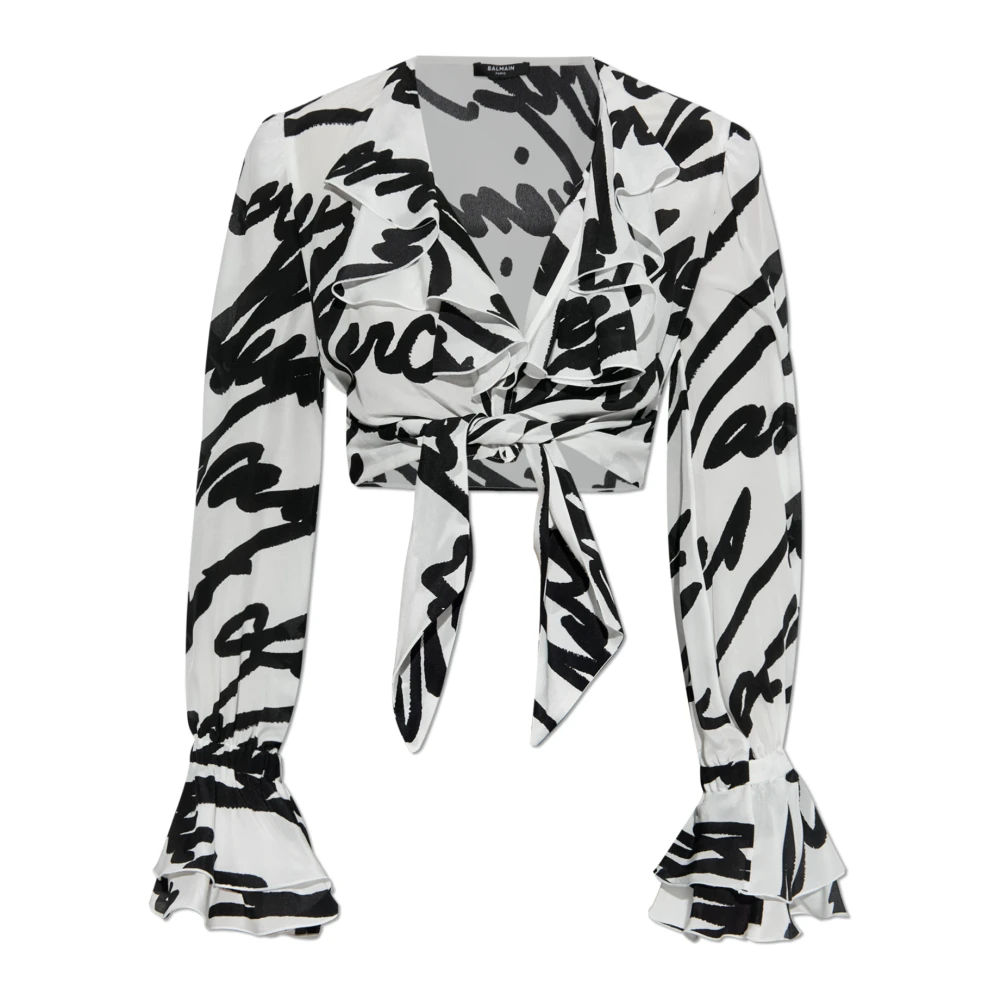 Balmain Zwarte Gerimpelde Blouse met Voorkantstrik Black Dames