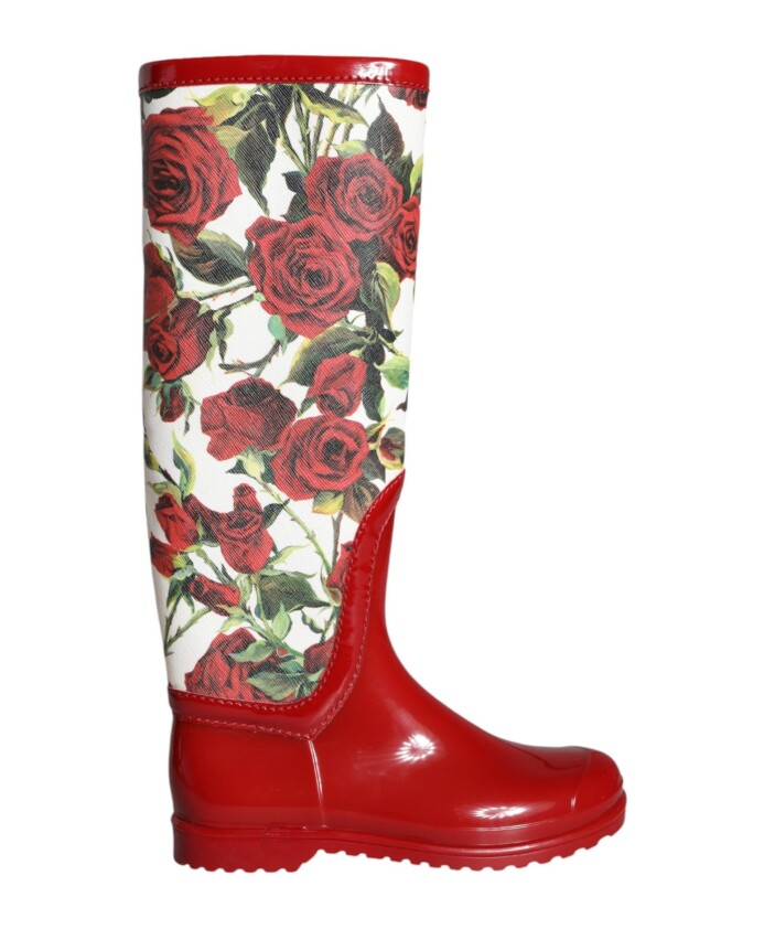 red-floral-rubber-knee-high-boots