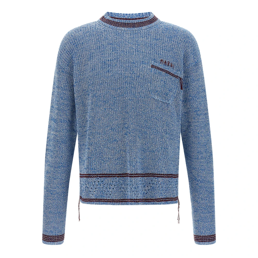 Marni Men's Blue Mouliné Cotton Jumper With Ding Embroidery