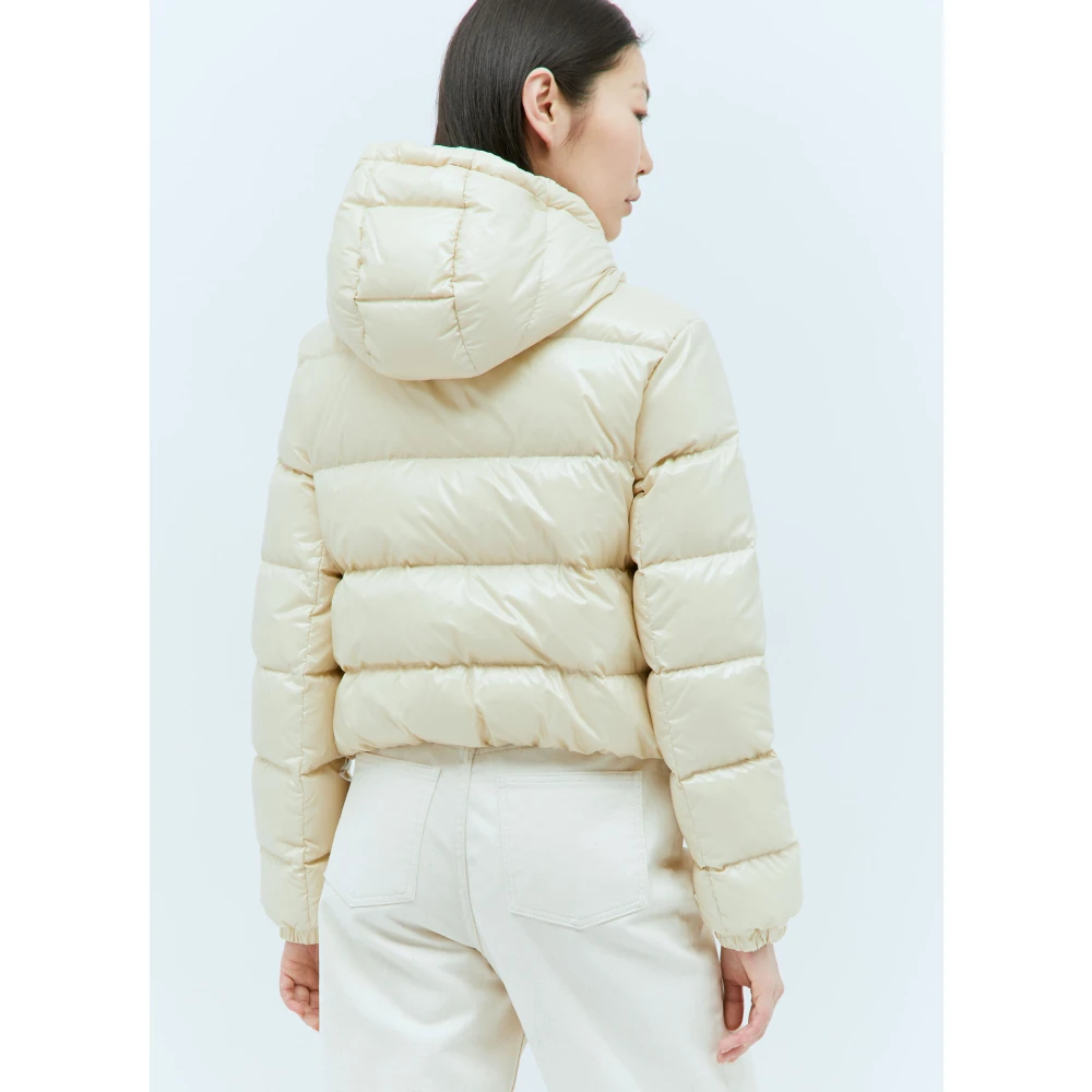 Moncler Gewatteerde Nylon Donsjas met Capuchon Beige Dames