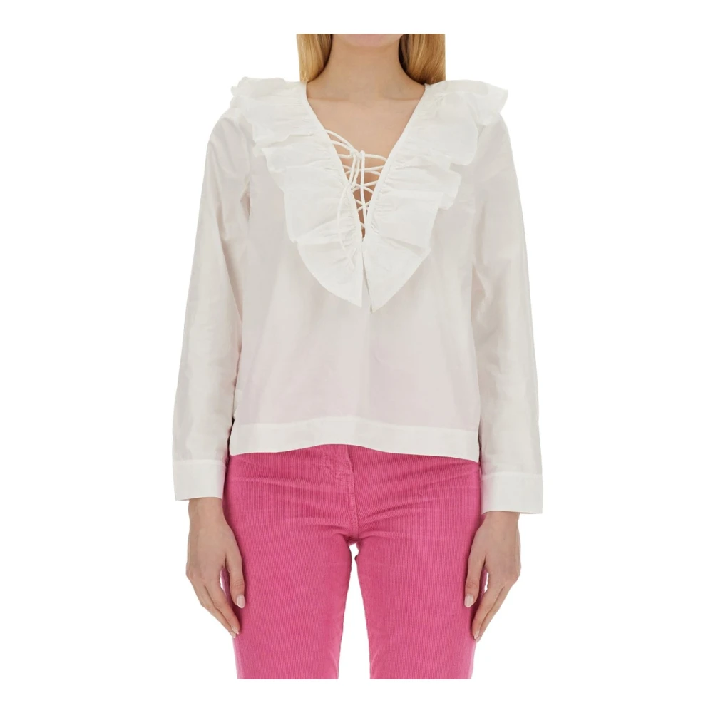 Ganni Katoenen Ruche Blouse V-hals Vrouwen White Dames