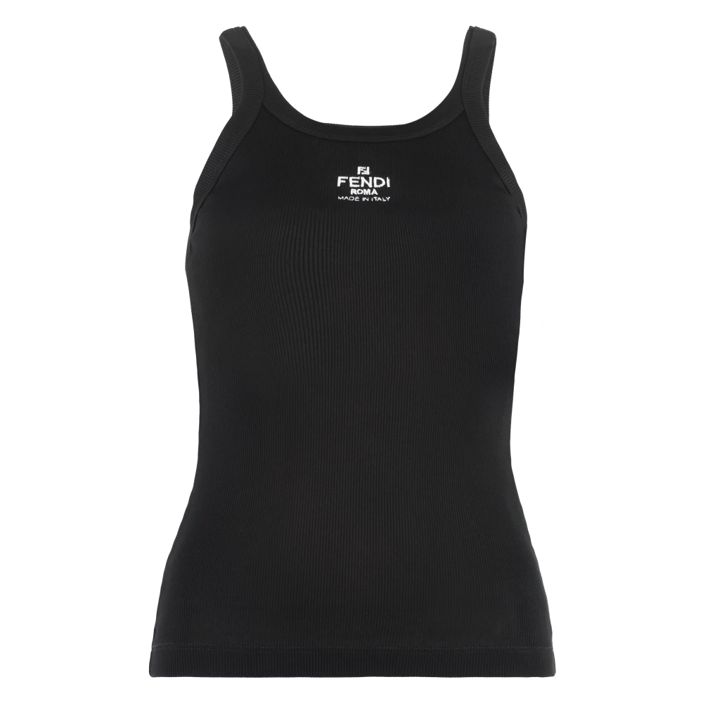 Fendi Women's Black Sleeveless Tops, M, Ribbed Cotton Jersey Tank Top