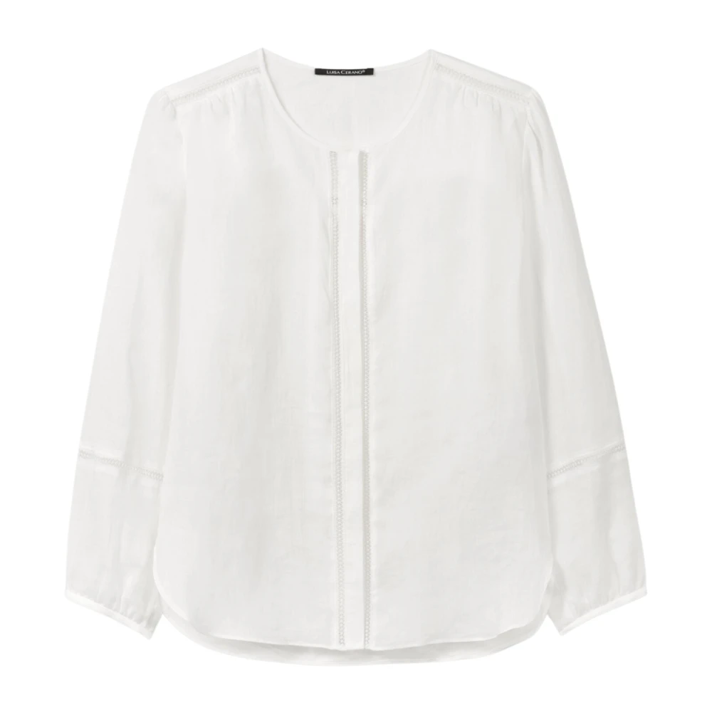 Luisa Cerano Women's White Blouses, L, Ramie Blouse With Hohlsaum Details