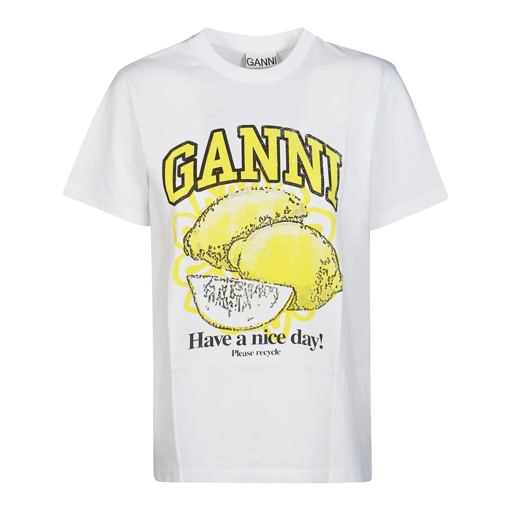 Ganni Logo-Print Biologisch Katoenen T-Shirt White Dames