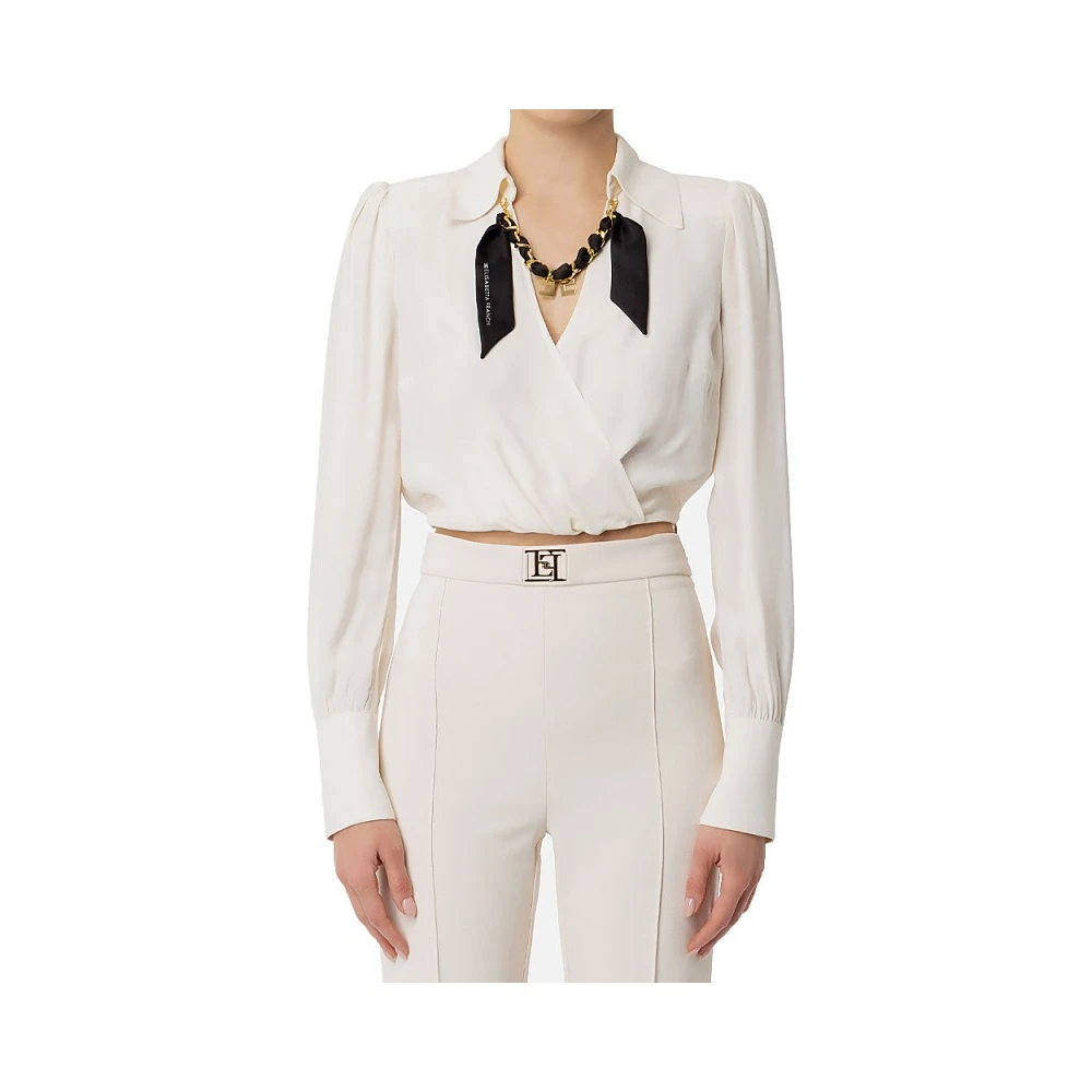 Elisabetta Franchi Georgette Viskos Cropped Skjorta med Halsduk White, Dam