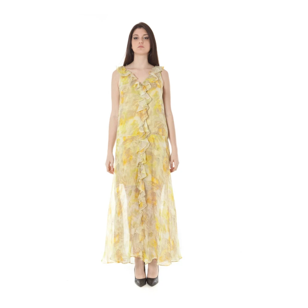 John Galliano Gele Lange Jurk Brede Schouder Halslijn Yellow Dames