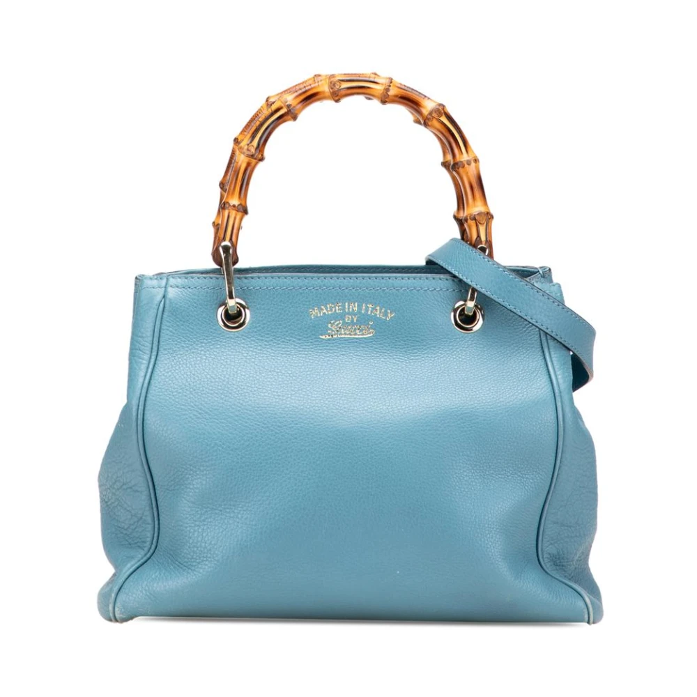 Gucci Vintage Women's Blue Pre-Owned Leather Satchel With Bamboo Handle And Shoulder Strap