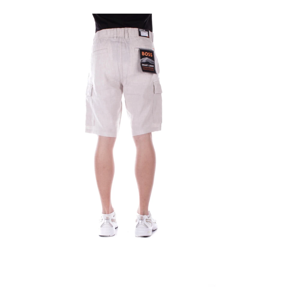 Hugo Boss Beige Linnen Shorts Rits Knoop Zakken Beige Heren