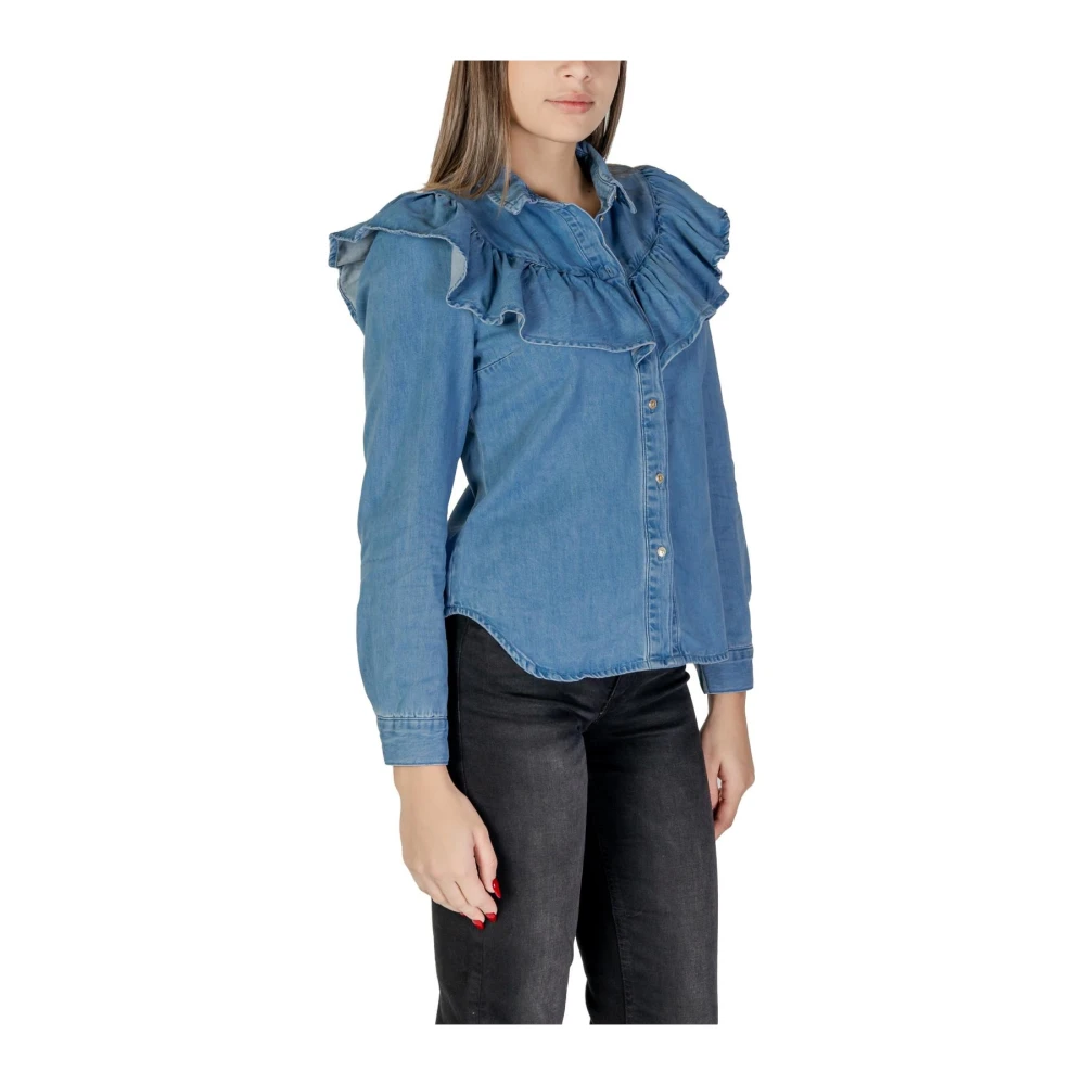 Only Blauwe Denim Shirt Geribbelde Kraag Blue Dames