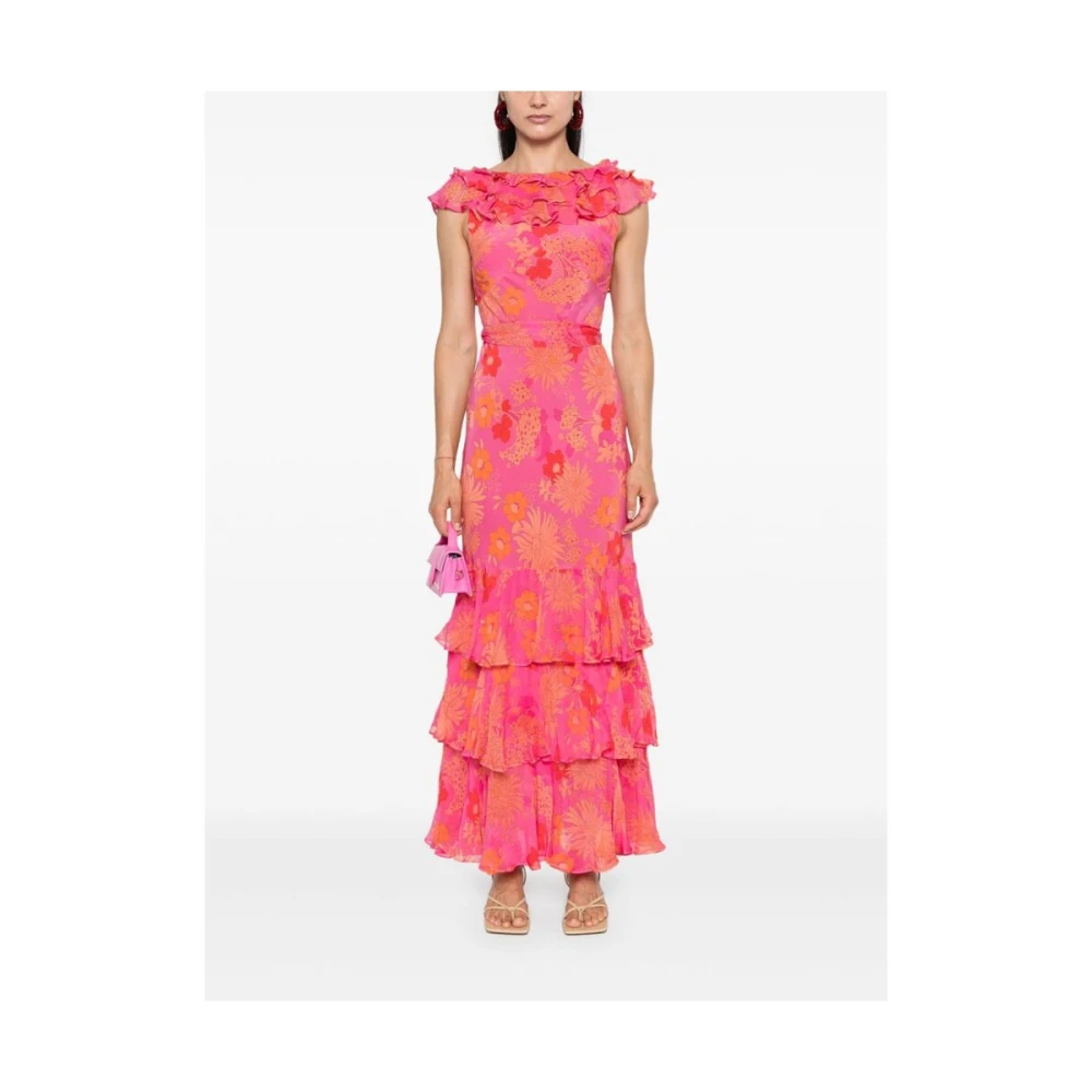 Rixo Bloemenprint zijden jurk met ruches Pink Dames