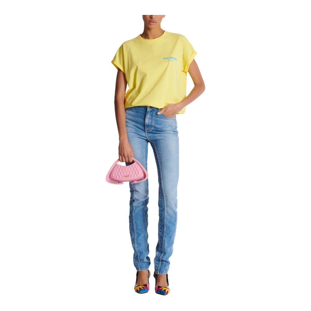 Balmain T-shirt met gevlokt Paris-logo Yellow Dames